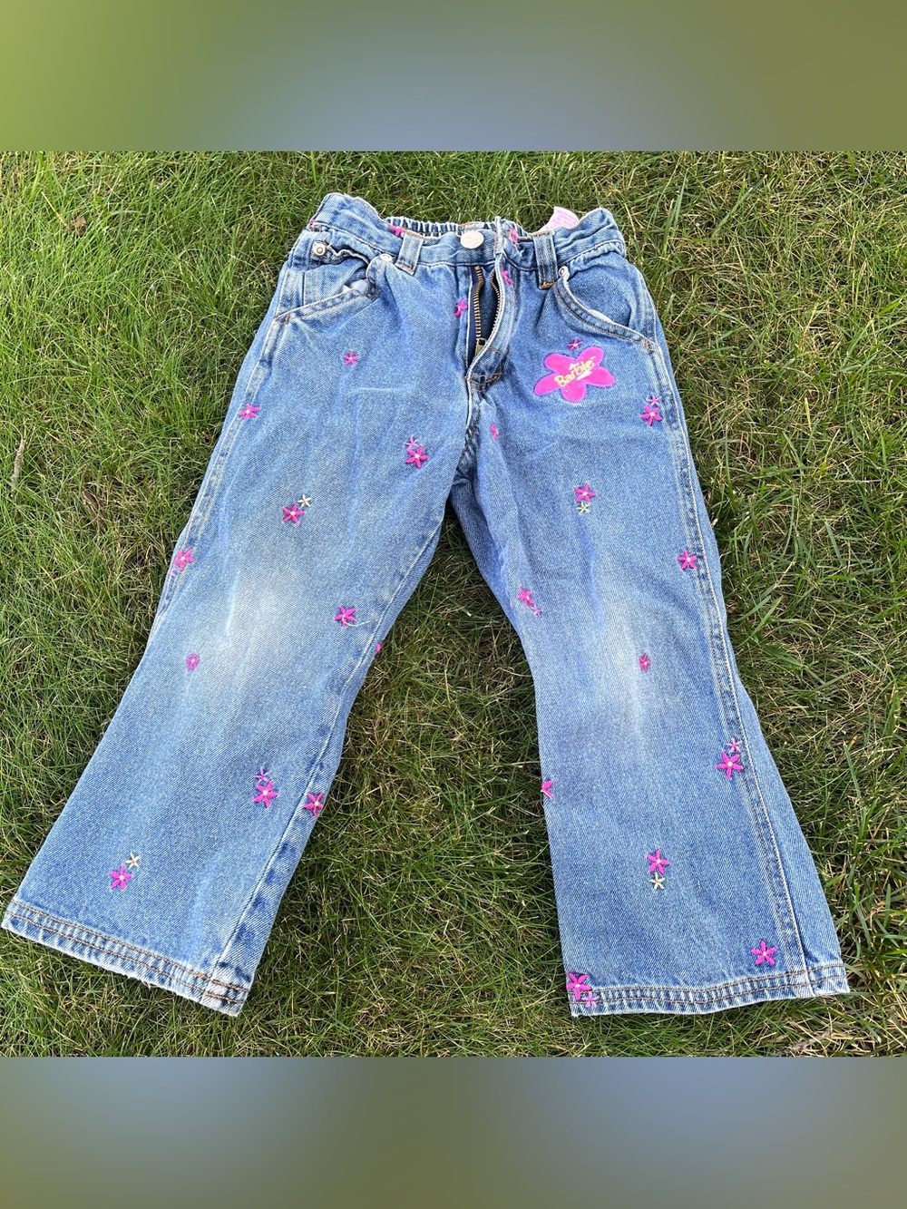 ✨Vintage Y2K Or 90s?  Girls Barbie Embroidered Flowers Denim Flare Jeans Size 4
